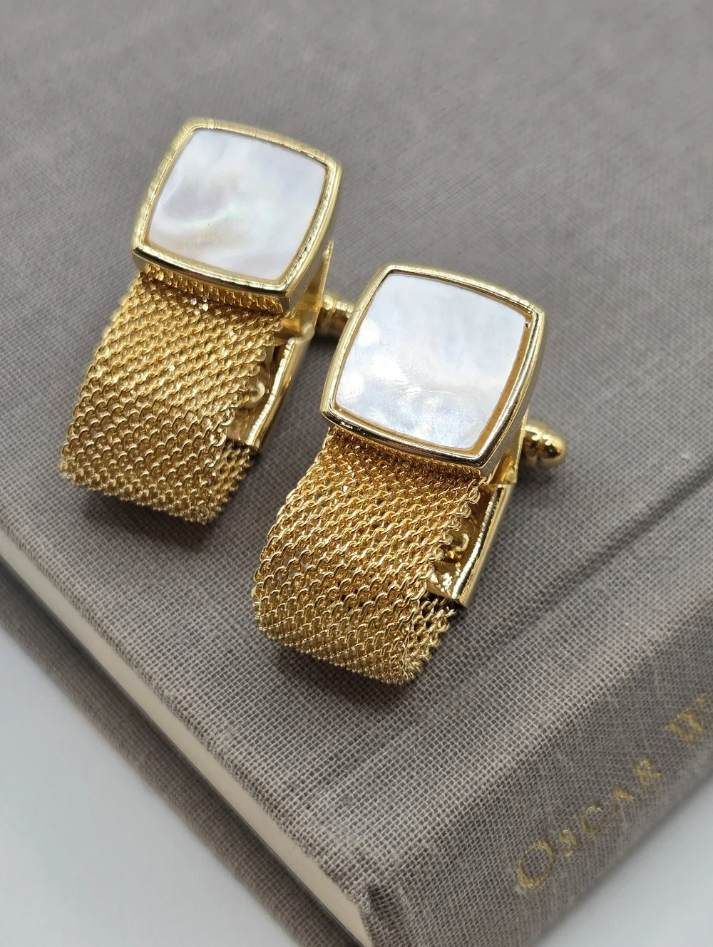 Gold Mesh Wrap Cufflinks Mother Of Pearl Wedding Formal Event Paul Fredrick